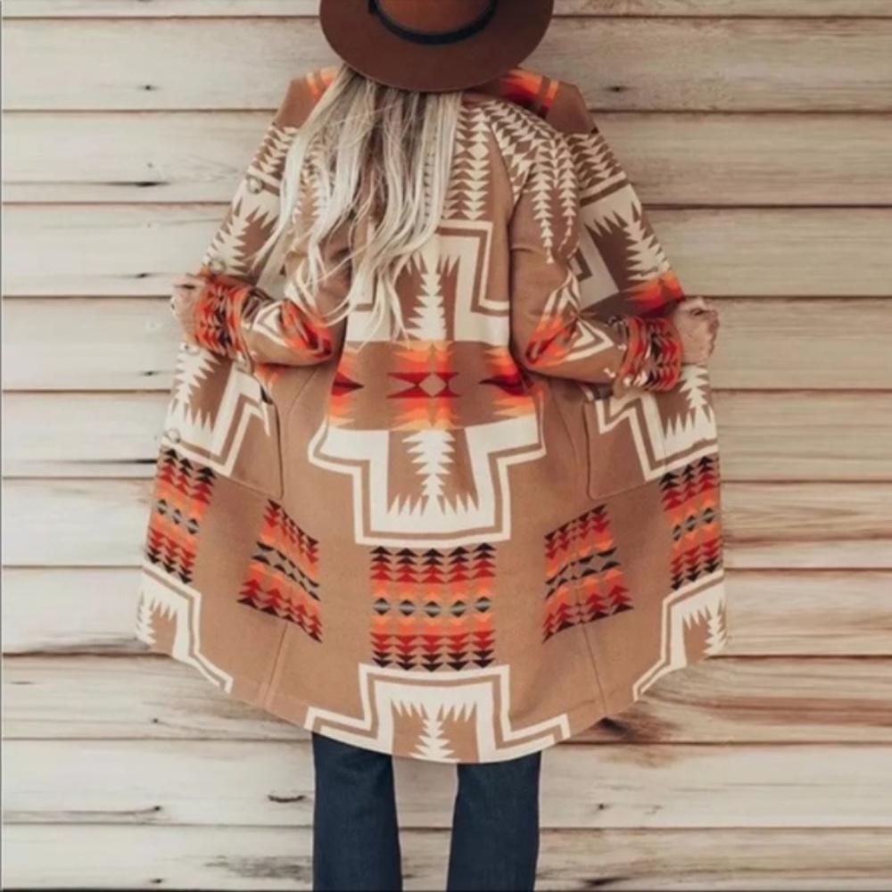 Boho Western Print Native Peacoat Camel Orange - Picture 2 of 5
